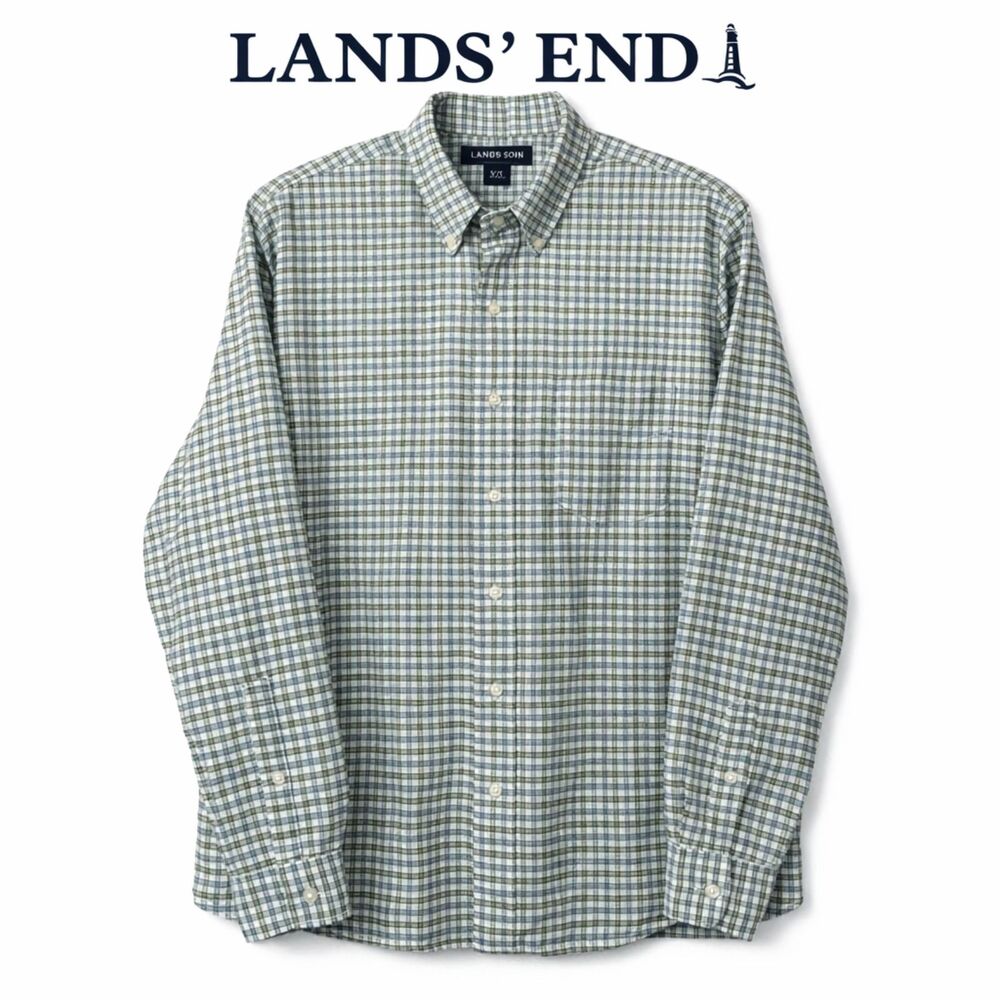 Lands’ End Button Front Shirt Men’s XL 17–17.5 Green Blue‎ White Check Classic